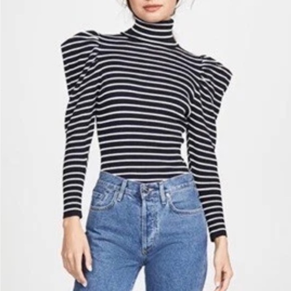 A.L.C. Sweaters - NWT A.L.C. Black and White Striped Baker Puff Sleeve Turtleneck